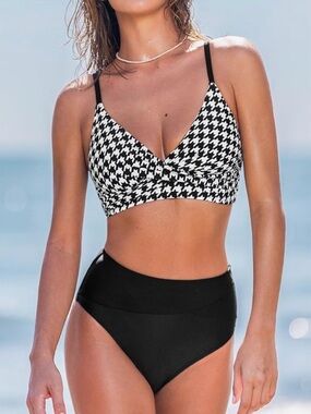 Cupshe Houndstooth Bikini Twist Bandeau Top High Waisted Black Bottom M NWT